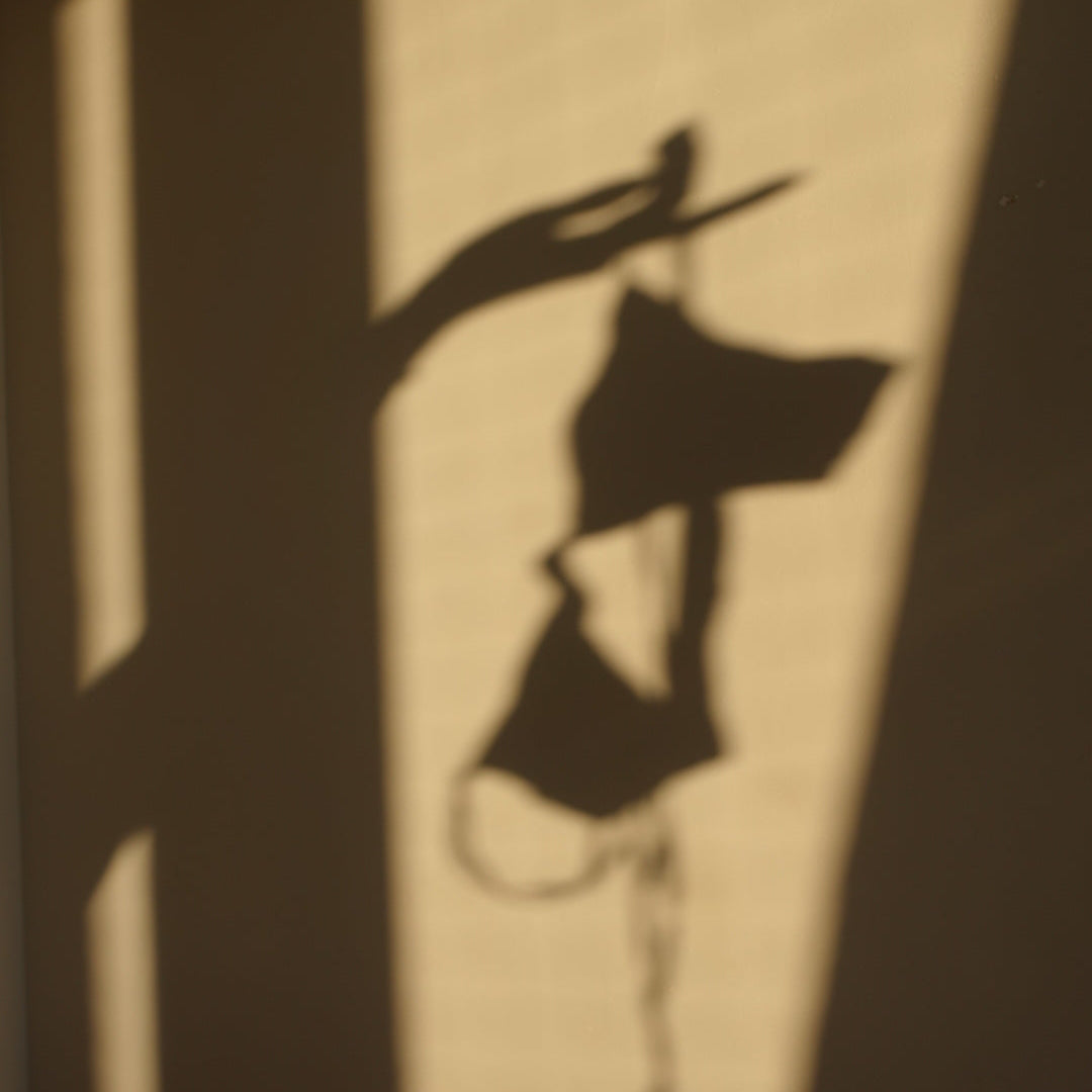 Shadow of a person holding a bralette