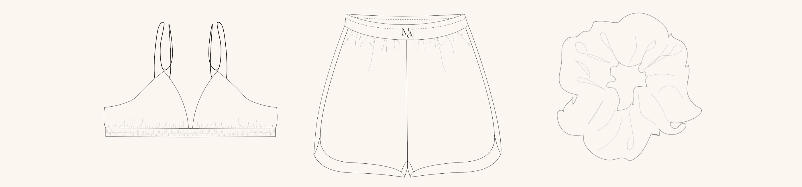 Sketches of Maison Manea pieces: bralette, shorts, and scrunchie.