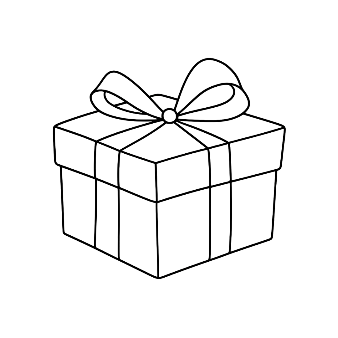 Black and white line drawing of a gift box with a bow