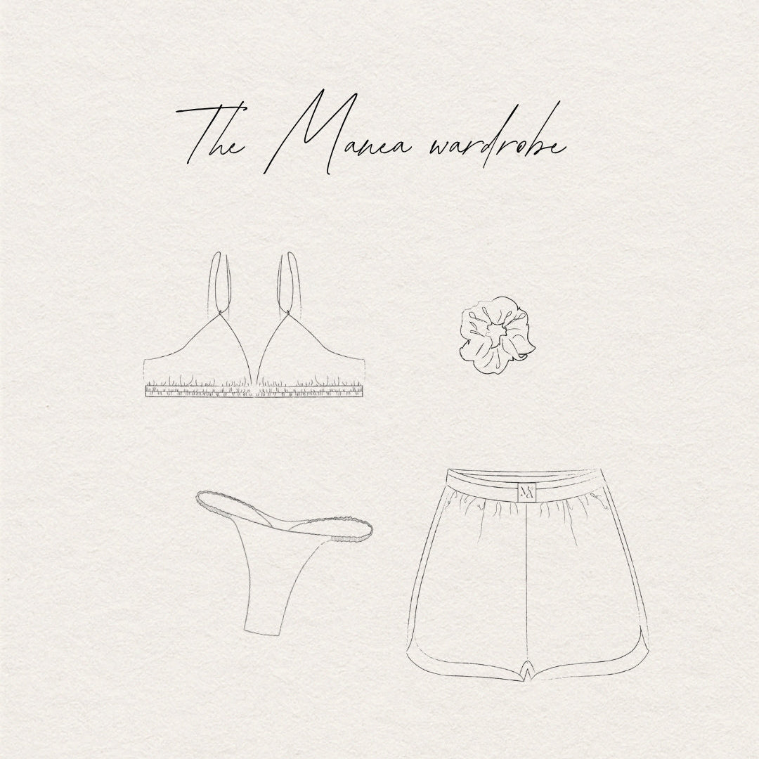 Outline illustrations of a silk bralette, shorts, string and scrunchie on a paper.