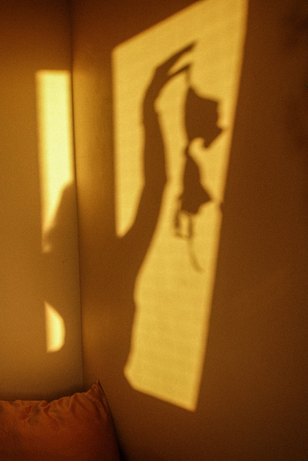 Yellow-toned shadow of a woman holding a bralette in her hand.